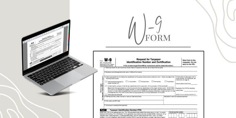 An example of the W-9 printable form and the online template on the laptop